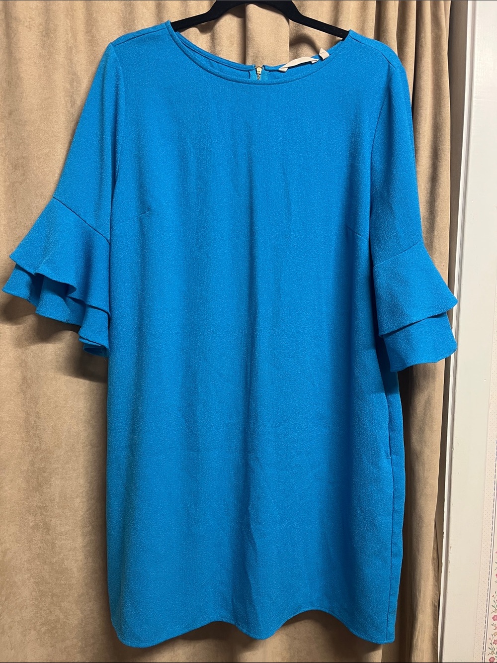 Soft Surroundings Bright Teal Blue Ruffle Sleeve Dress